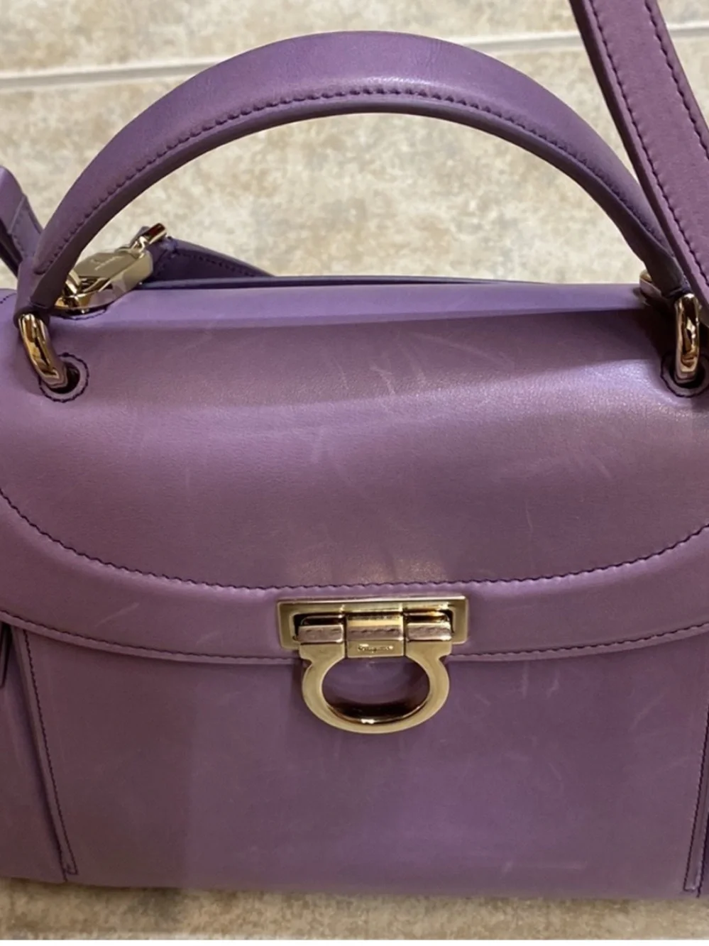 Salvatore Ferragamo Lilac Leather Top-Handle Satchel with Gold Hardware